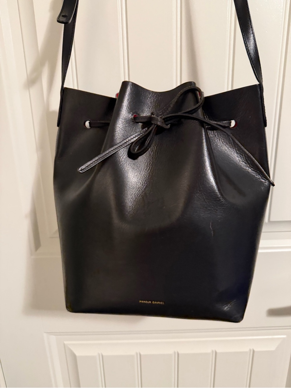 Mansur Gavriel Black Leather Drawstring Shoulder Bucket Bag